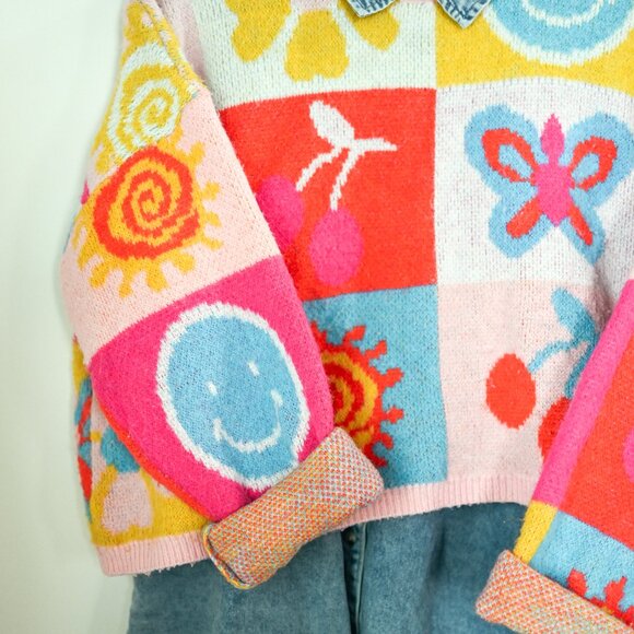 Quilted Square Wool Knit Sweater Retro Pink Yellow Blue - Picture 4 of 4